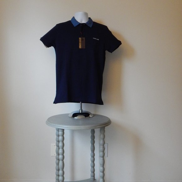 ROBERTO CAVALLI Embroidered Logo Pique Short Sleeve Polo Shirt Navy XL NWT - Picture 2 of 4